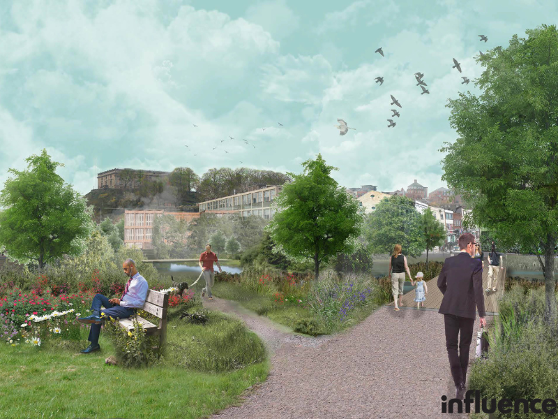 Image of Broadmarsh in Nottingham reimagined as a natural greenspace.