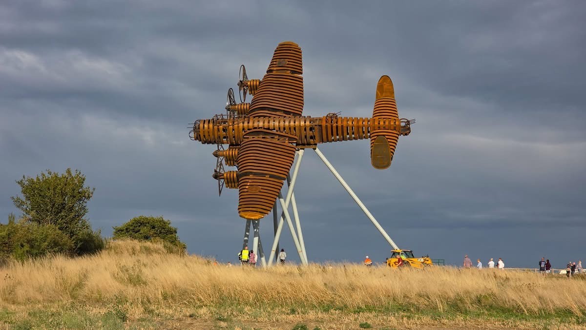 Lancaster bomber sculpture in flight